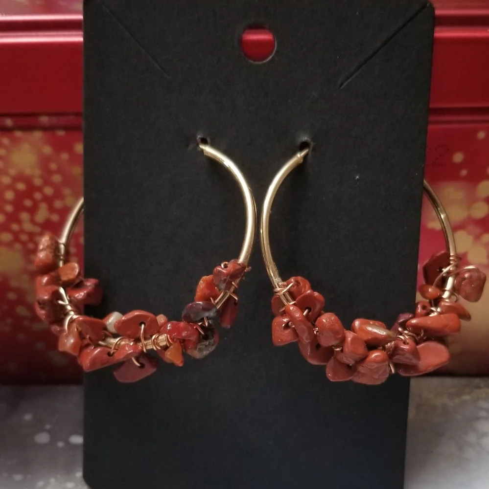 Natural Stone Hoop Earrings with Hypoallergenic metal.๐ - Picture 2 of 8